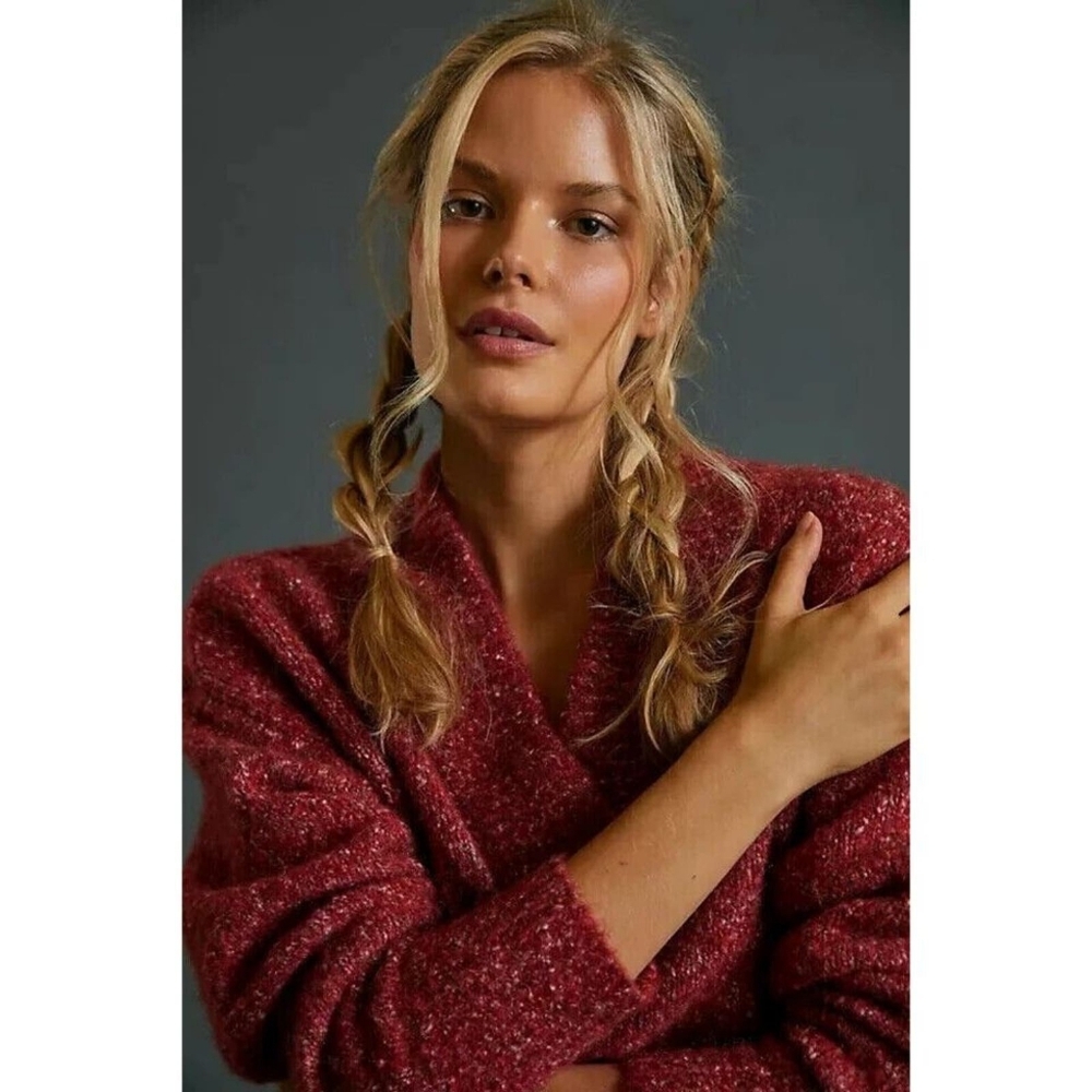 Anthropologie Frances Shimmer Cropped Sweater Red Motif Cabernet Size XSmall